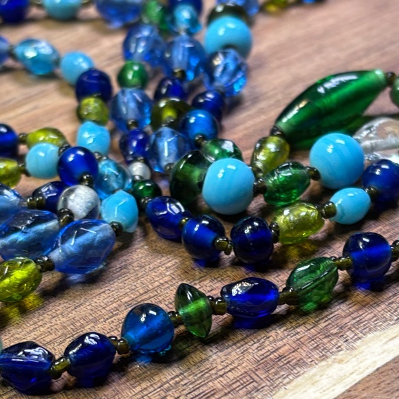 58" Blue and Green Beaded glass Necklace - Picture 5 of 6